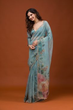 Alternative view of Sky BLue Color Beautiful Soft Tabby Organza Saree