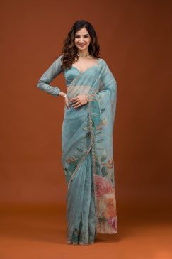 Sky BLue Color Beautiful Soft Tabby Organza Saree