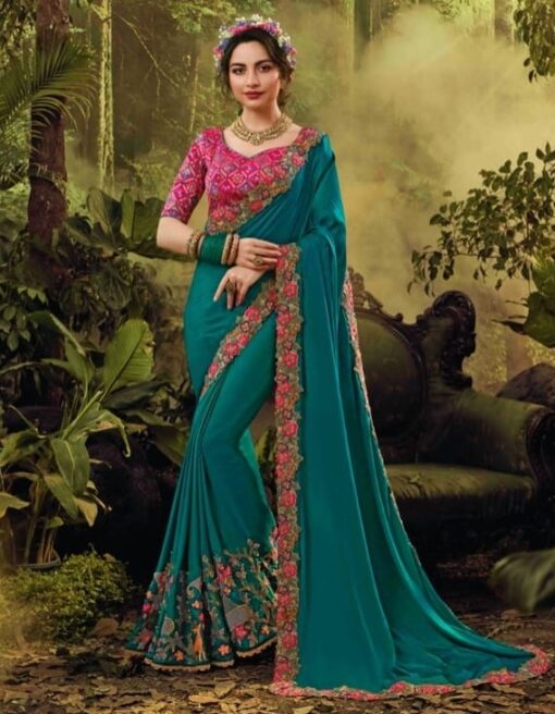 Teal Green Floral Embroidered Saree