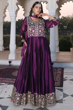 Purple Color Anarkali Gown in Silk Fabric