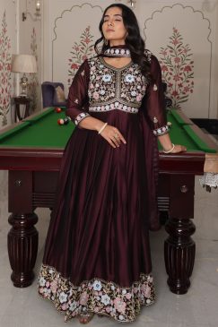 Coffee Color Anarkali Gown in Silk Fabric