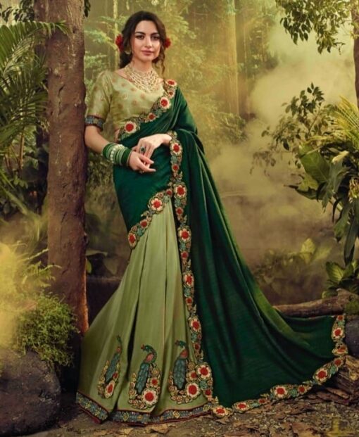 Green Half N Half Floral Embroidered Saree