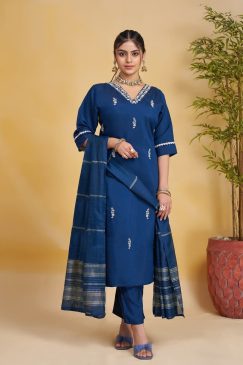 Alternative view of Kurta & Pant Dupatta Set in Silk Fabric In Blue Color