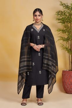 Kurta & Pant Dupatta Set in Silk Fabric In Black Color