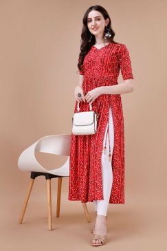 Bandhani Print Rayon Kurti only For Summer Wear In Red Color