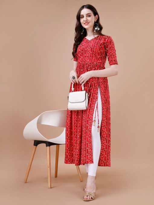 Bandhani Print Rayon Kurti only For Summer Wear In Red Color