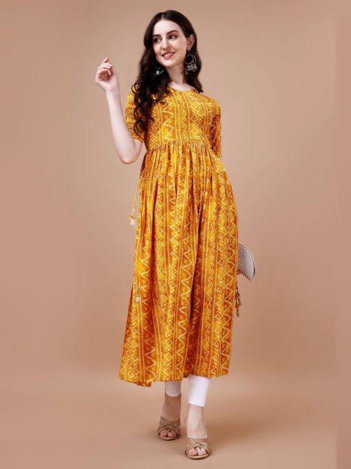 Bandhani Print Rayon Kurti only For Summer Wear In Yellow Color