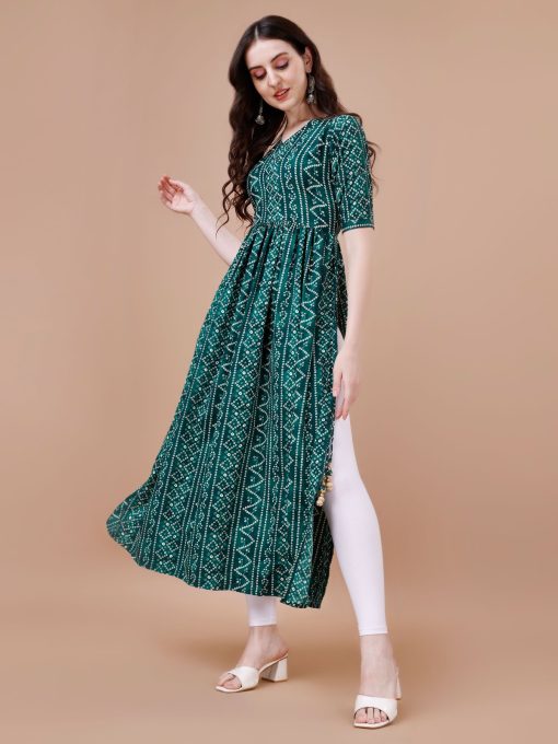 Bandhani Print Rayon Kurti only For Summer Wear In Green Color