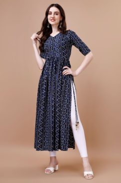 Bandhani Print Rayon Kurti only For Summer Wear In Blue Color