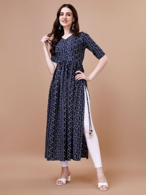 Bandhani Print Rayon Kurti only For Summer Wear In Blue Color