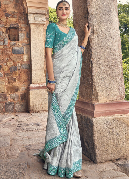 Grey Woven Silk Embroidered Wedding Saree