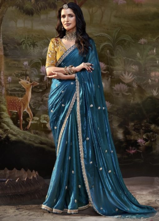 Blue Embroidered Wedding Saree