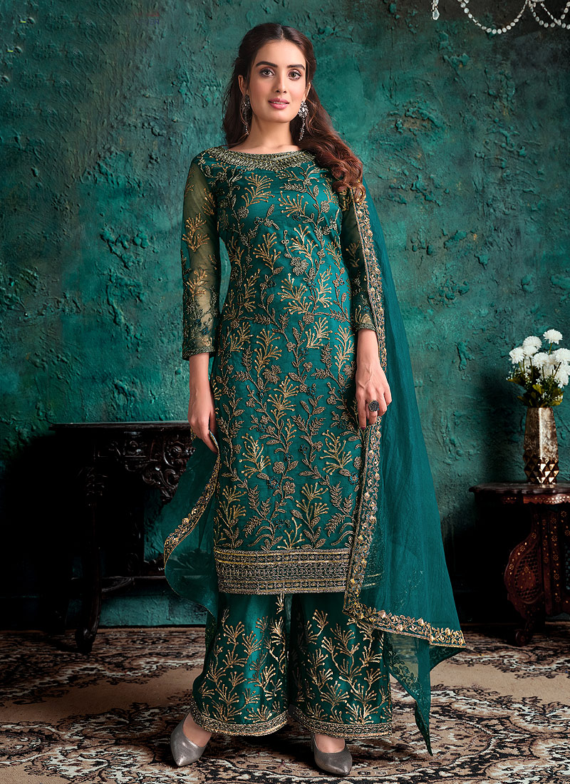 Peacock Blue Satin Net Pant Suit - Salwar Kameez Designer Collection