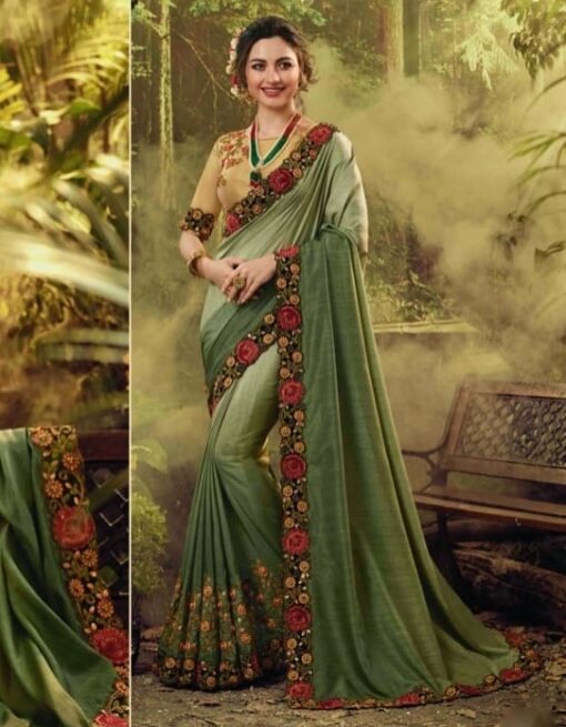 Light Green Ombre Floral Embroidered Saree