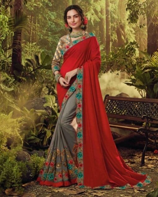 Red Half N Half Floral Embroidered Saree