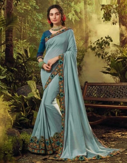 Blue Grey Floral Embroidered Saree