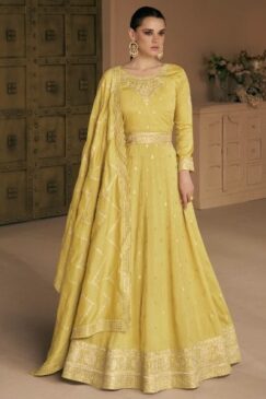 Yellow Silk Embroidered Anarkali Suit