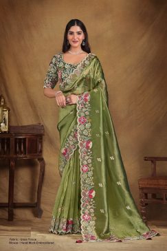 Glass Tissue Saree with sequin moti work on Saree