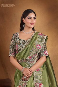 Alternative view of Glass Tissue Saree with sequin moti work on Saree