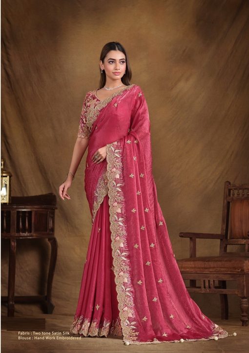 Two Tone Satin Silk Saree with sequin Moti Work on Saree