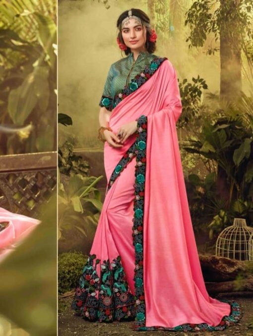 Pink Floral Embroidered Saree