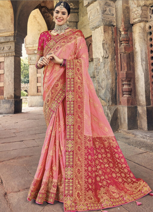 Pink Woven Silk Embroidered Wedding Saree