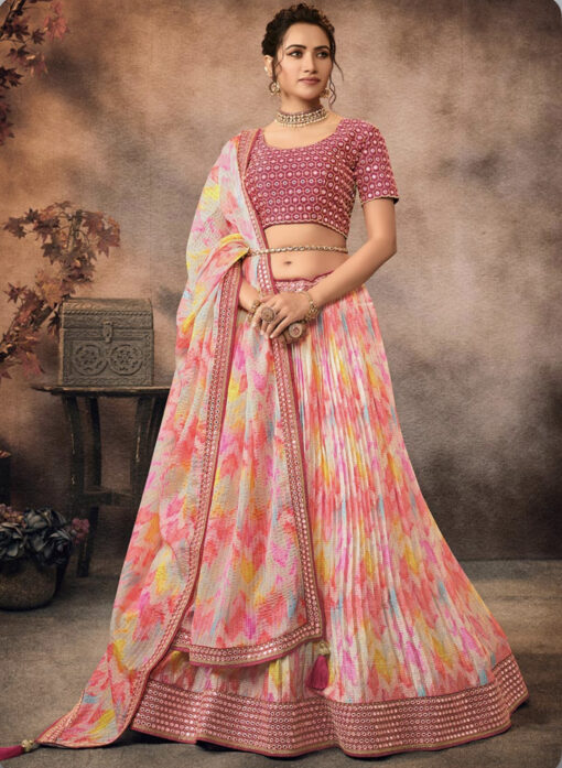 Multicoloured Leheriya Umbrella Lehenga Choli