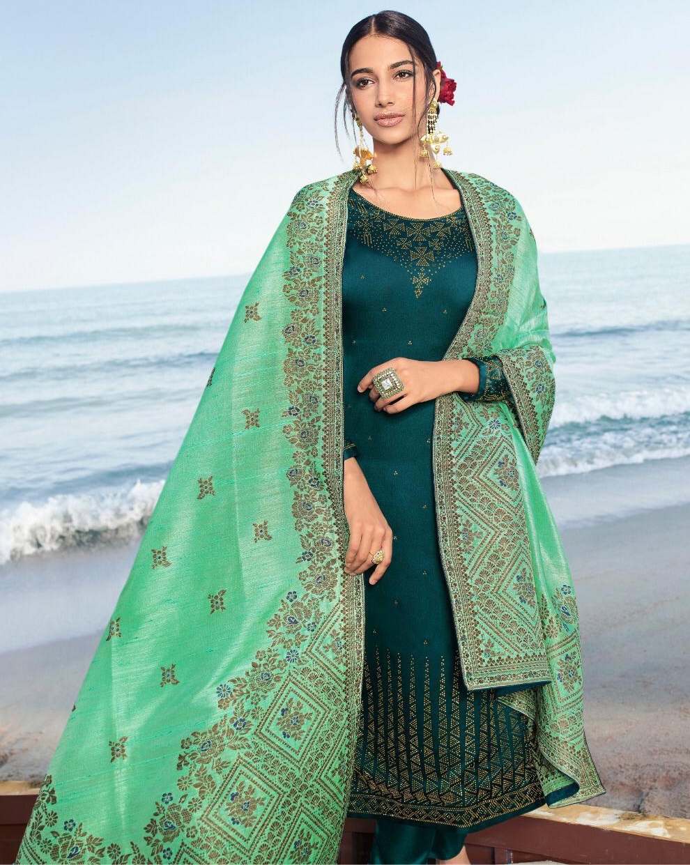 Turquoise Satin Georgette Pant Suit - Salwar Kameez Designer Collection