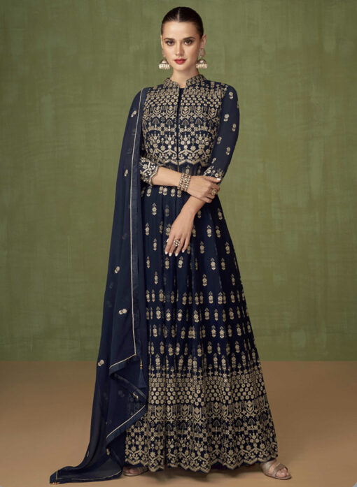 Navy Embroidered Floor Length Anarkali Suit
