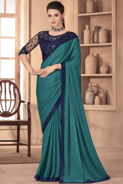 Blue Embroidered Border Party Wear Saree