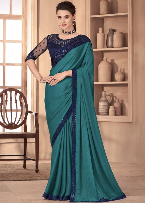 Blue Embroidered Border Party Wear Saree