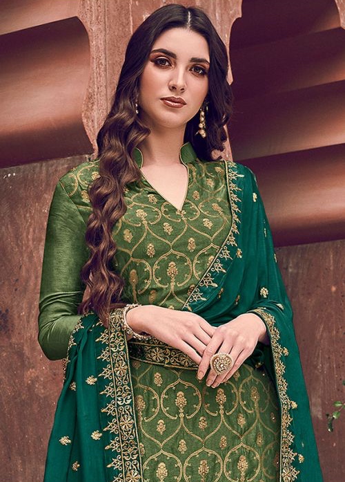 Olive Green Embroidered Party Wear Palazzo Suit - Salwar Kameez ...