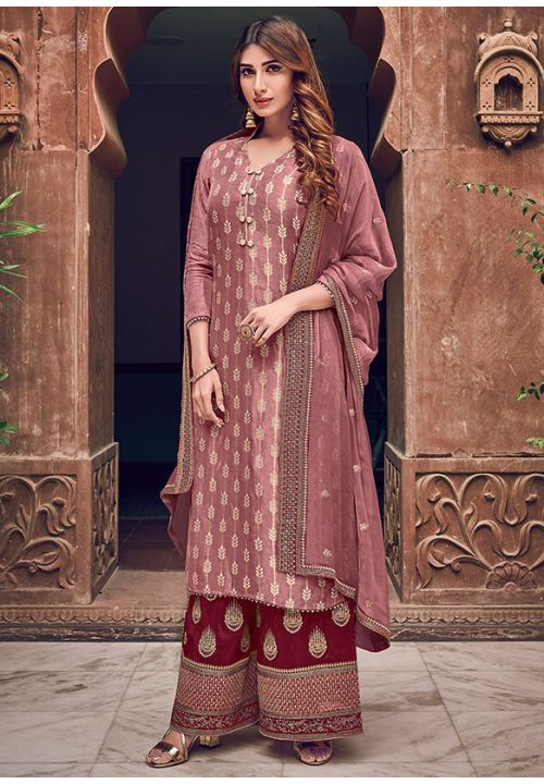 Rose Taupe Embroidered Party Wear Palazzo Suit