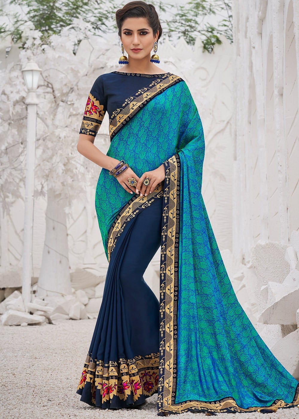 Blue Fancy Fabric Half N Half Saree - Sarees Designer Collection