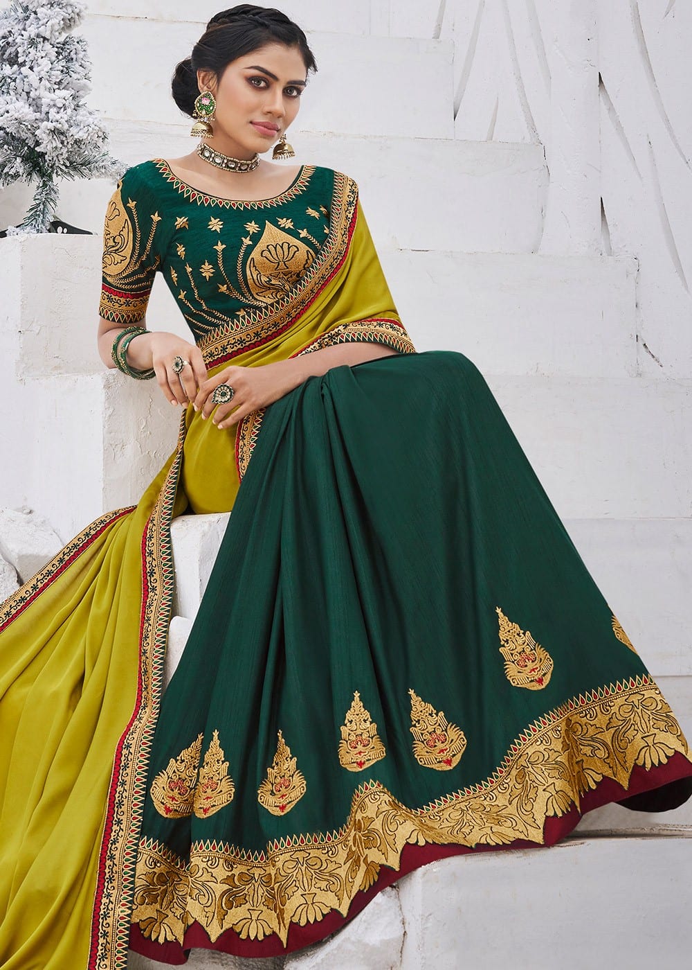 Yellow And Green Fancy Fabric Patch Border Saree - Sarees Designer ...