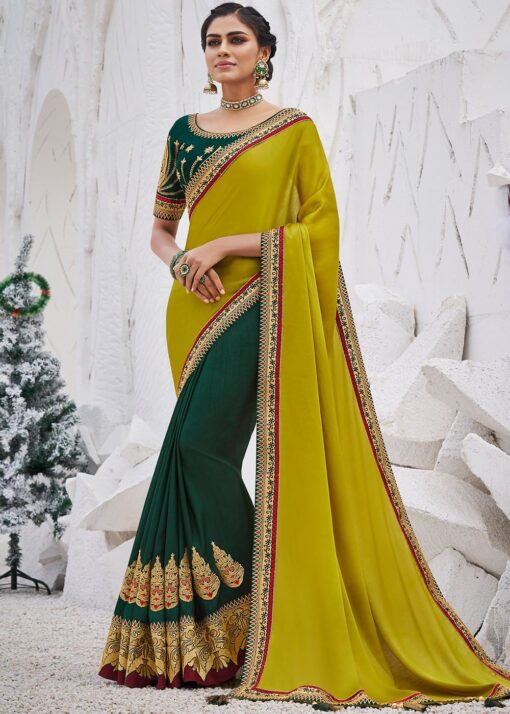 Yellow And Green Fancy Fabric Patch Border Saree