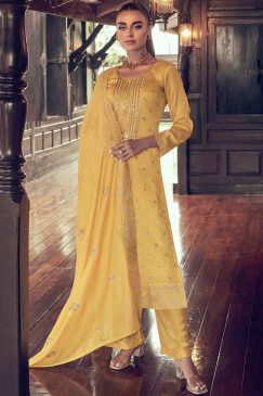 Yellow Embroidered Textured Silk Palazzo Suit