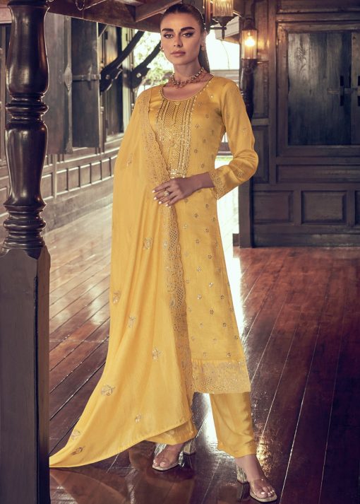 Yellow Embroidered Textured Silk Palazzo Suit