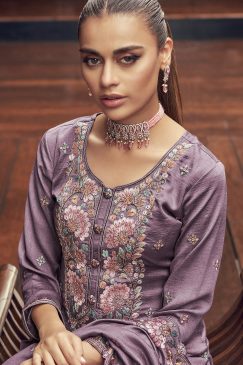 Alternative view of Purple Embroidered Textured Silk Palazzo Suit