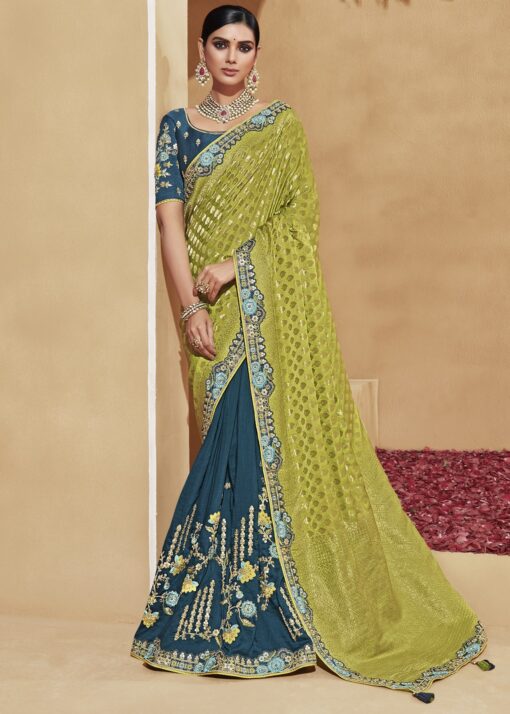 Green & Blue Banarasi Silk Embroidered Wedding Saree