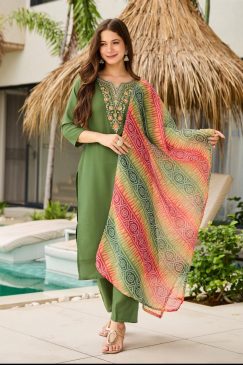 rayon embroidered straight kurta with pant and dupatta sets