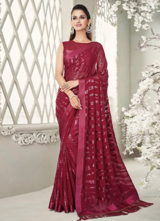 Red Fancy Saree With Fringe Detail