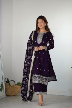 Purple Color Beautiful Partywear Dress in Silk Fabric