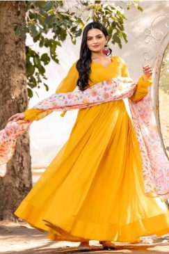 yellow Color Beautiful Anarkali Gown in Georgette Fabric
