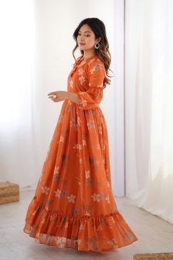 Alternative view of Orange Color Beautiful Gown in Georgette Fabric