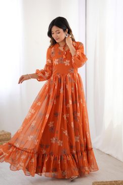 Orange Color Beautiful Gown in Georgette Fabric