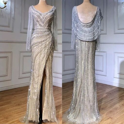 Heavily Beaded Full Sleeve Evening Dress
