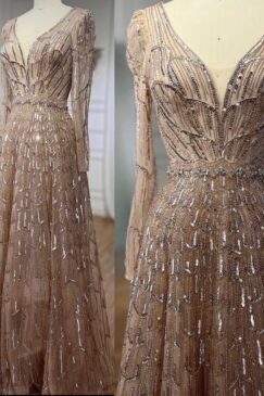 Alternative view of V Neck Heavily Beaded Evening Dress