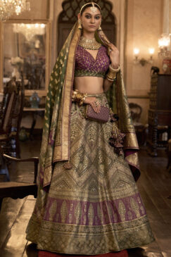 Olive Rajwadi Silk Embroidered Lehenga Choli