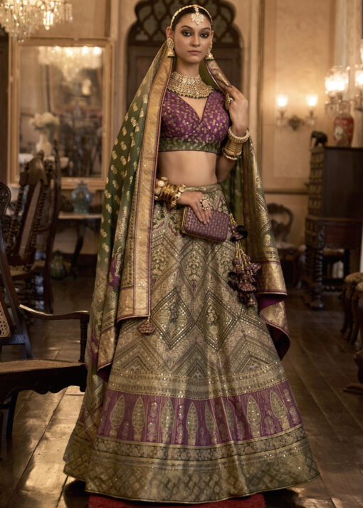Olive Rajwadi Silk Embroidered Lehenga Choli